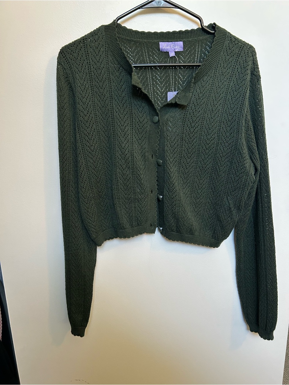 Olive Green Cropped Pointelle Cardigan